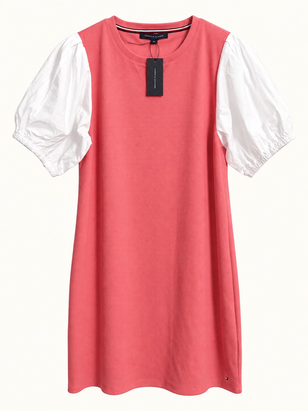 Tommy Hilfiger XL Coral Pink Textured Dress with White Puff Sleeves NWT